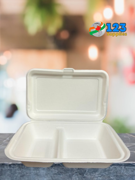 SUGARCANE BIODEGRADABLE CONTAINER 9 X 6 X 3 - 2 COMPARTMENT (200)
