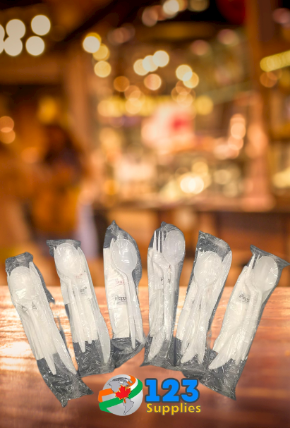 CUTLERY UTENSIL KITS - WHITE knife, fork, soup spoon, napkin, salt+pepper (500)