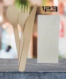INDIVIDUALLY WRAPPED WOODEN CUTLERY KIT (100) - knife, fork, spoon, napkin, salt+pepper