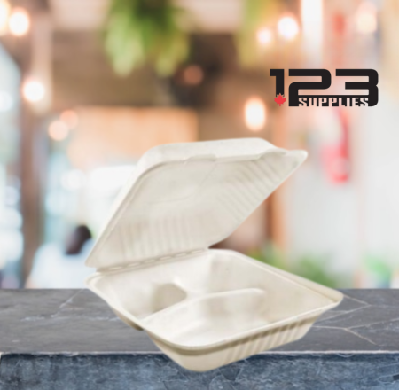 SUGARCANE BIODEGRADABLE CONTAINER 8 X 8 X 3-3 COMPARTMENT (200)