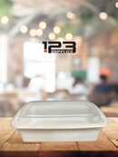 WHITE MICROWAVABLE CONTAINER + LID - RECTANGULAR 38oz (150)