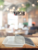 WHITE MICROWAVABLE CONTAINER + LID - RECTANGULAR 38oz (150)
