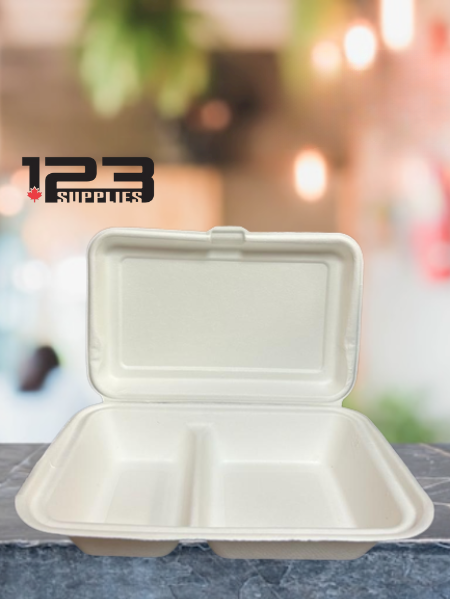 SUGARCANE BIODEGRADABLE CONTAINER 9 X 6 X 3 - 2 COMPARTMENT (50)