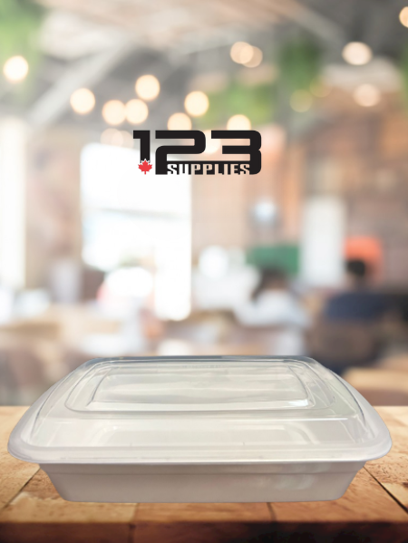 WHITE MICROWAVABLE CONTAINER + LID - RECTANGULAR 32oz - DYNASTY (50)