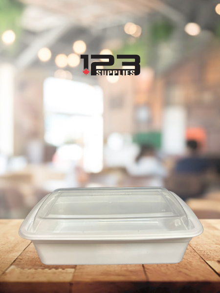 WHITE MICROWAVABLE RECTANGULAR CONTAINER + LID 28OZ (50)
