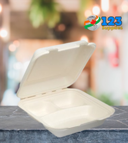 SUGARCANE BIODEGRADABLE CONTAINER - 9 x 9 x 3 - 3 COMPARTMENT (200)