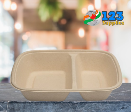 BAGASSE CONTAINER COMPOSTABLE RECTANGULAR 32 OZ - 2 COMPARTMENT- LIDS NOT INCLUDED (250)