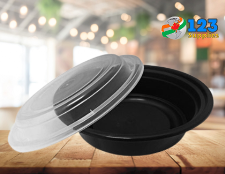 BLACK MICROWAVABLE CONTAINER + LID - ROUND 38OZ - GENERIC (25)