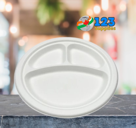 SUGARCANE ROUND PLATE 10" - 3 COMPARTMENT (500)