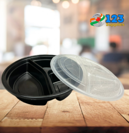 BLACK MICROWAVABLE CONTAINER + LID - ROUND 48OZ-3 COMPARTMENT GENERIC (150)