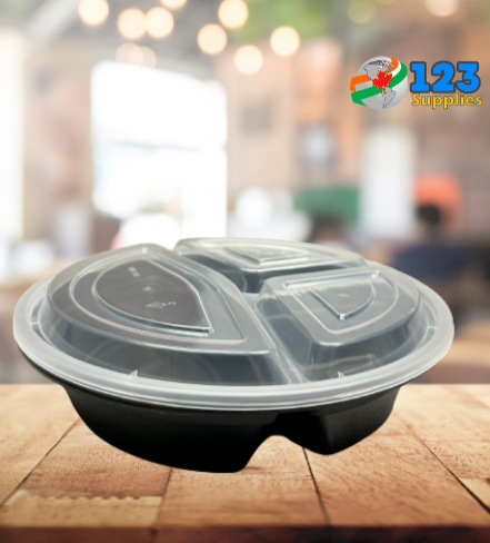 BLACK MICROWAVABLE CONTAINER + LID - ROUND 48OZ-3 COMPARTMENT GENERIC (150)