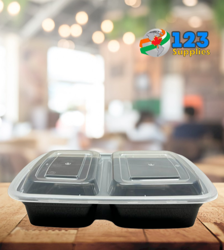 BLACK MICROWAVABLE RECTANGLE CONTAINER + LID - 32 OZ - 2 COMPARTMENT GENERIC (150)