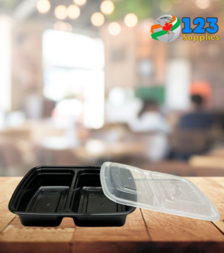 BLACK MICROWAVABLE RECTANGLE CONTAINER + LID - 32 OZ - 2 COMPARTMENT - DYNASTY (150)