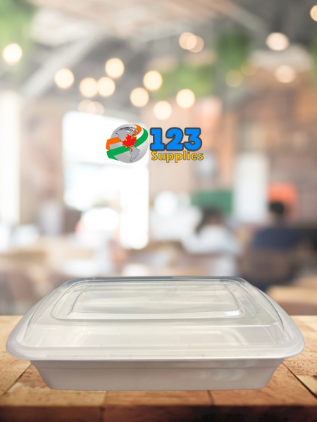 WHITE MICROWAVABLE CONTAINER + LID - RECTANGULAR 32oz - DYNASTY (50)