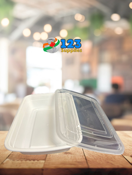 WHITE MICROWAVABLE CONTAINER + LID - RECTANGULAR 32oz - DYNASTY (50)