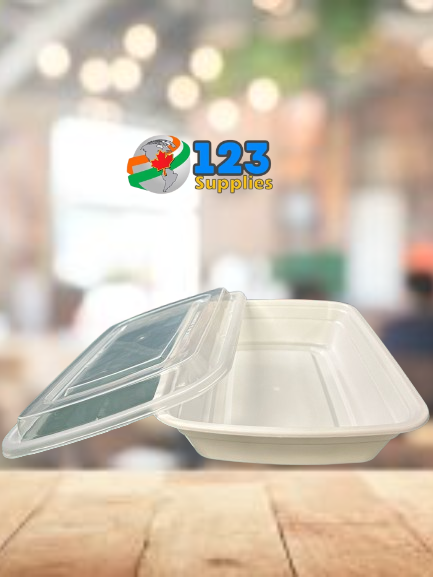 WHITE MICROWAVABLE CONTAINER + LID - RECTANGULAR 24 OZ - DYNASTY (150)