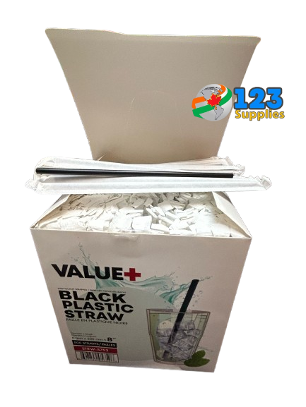 Individually wrapped  plastic straws black 8"  (2400)