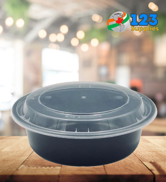 BLACK MICROWAVABLE CONTAINER + LID - ROUND 7" 24oz - DYNASTY ( 50)