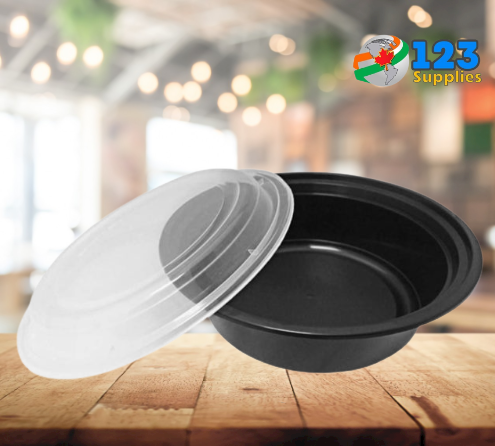BLACK MICROWAVABLE CONTAINER + LID - ROUND 7" 24oz - DYNASTY ( 50)