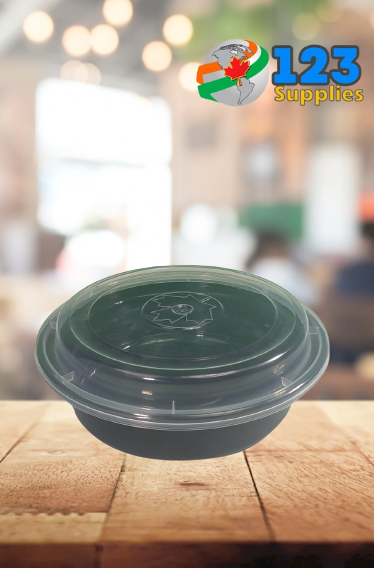 BLACK MICROWAVABLE CONTAINER + LID - ROUND 7" 24oz - MAPLE LEAF (50)