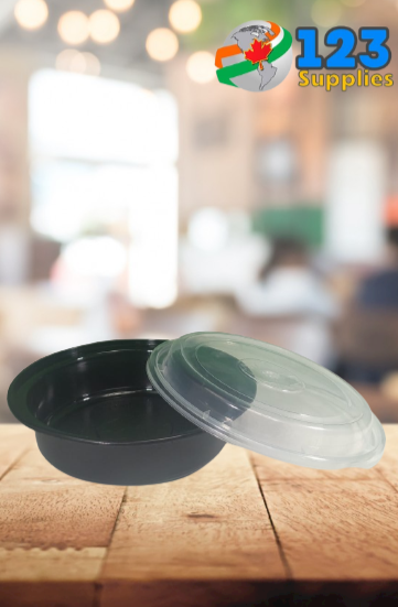 BLACK MICROWAVABLE CONTAINER + LID - ROUND 7" 24oz - MAPLE LEAF (50)