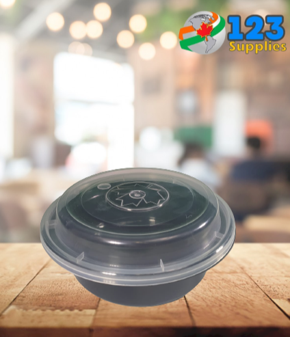 BLACK MICROWAVABLE CONTAINER + LID - ROUND 6" 16oz - MAPLE LEAF (150)