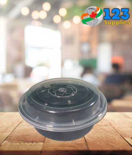 BLACK MICROWAVABLE CONTAINER + LID - ROUND 6" 16oz - MAPLE LEAF (50)