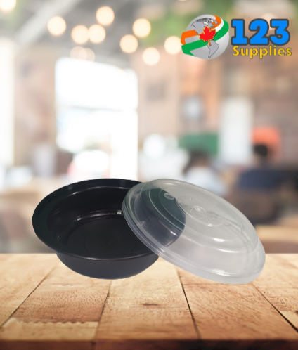 BLACK MICROWAVABLE CONTAINER + LID - ROUND 6" 16oz - MAPLE LEAF (50)