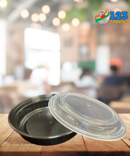 BLACK MICROWAVABLE CONTAINER + LID - ROUND 48 OZ - GENERIC (25)