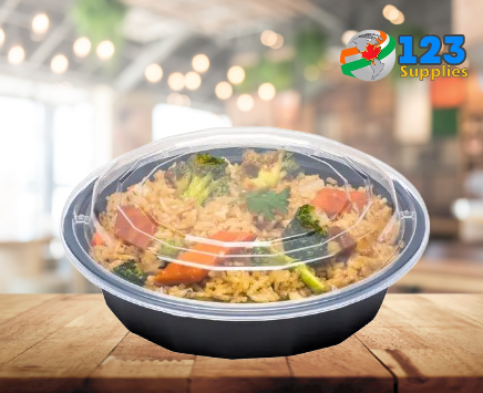 BLACK MICROWAVABLE CONTAINER + LID - ROUND 7" 24oz - MAPLE LEAF (150)