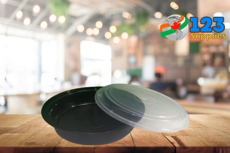 BLACK MICROWAVABLE CONTAINER + LID - ROUND 9"- MAPLE LEAF (50)