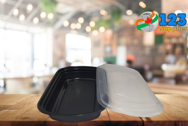 BLACK MICROWAVABLE CONTAINER + LID - RECTANGULAR 24oz - MAPLE LEAF (50)