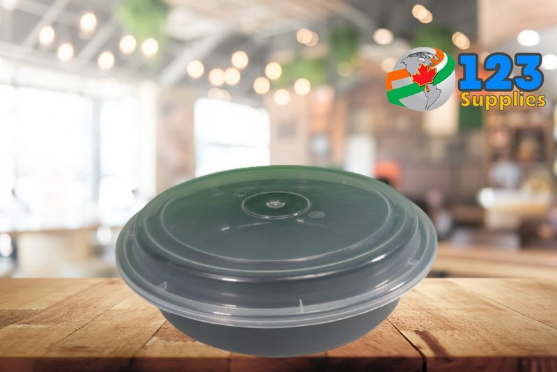 BLACK MICROWAVABLE CONTAINER + LID - ROUND 9"- MAPLE LEAF (50)